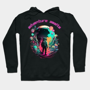 Adventure Awaits TShirt, Cosmic, Astronaut In Space, Planets, Vibrant Colors Hoodie